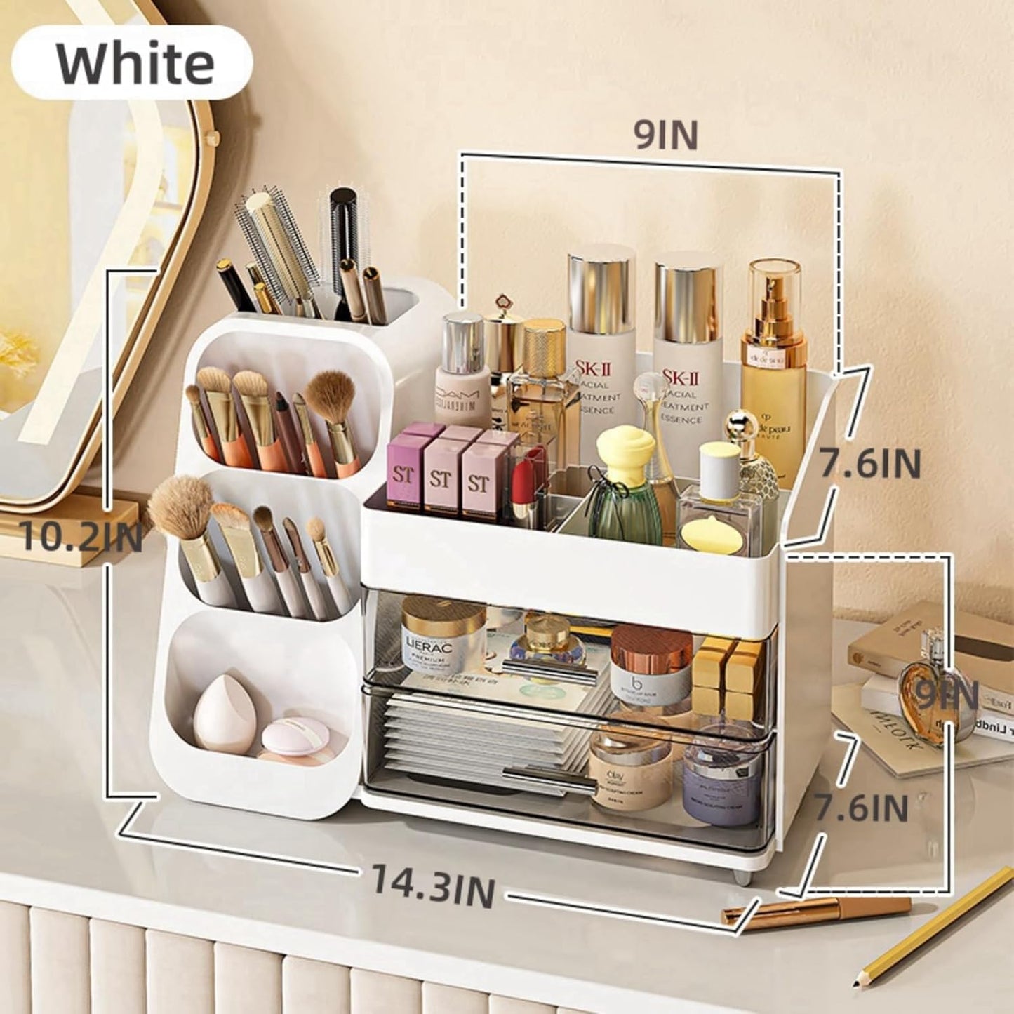 Makeup Organizer with Drawers – White Cosmetic Storage for Vanity