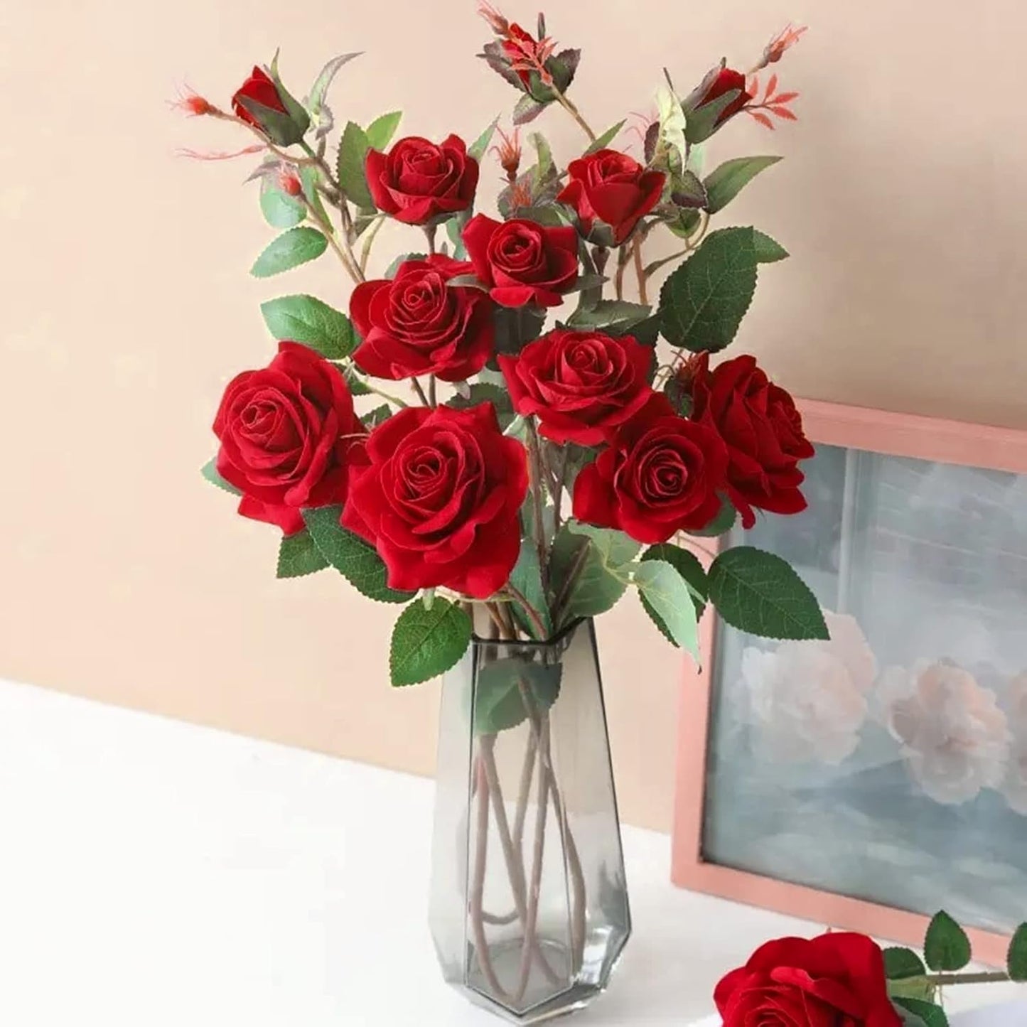 12pcs Red Faux Roses – Long Stem Flowers for Decor