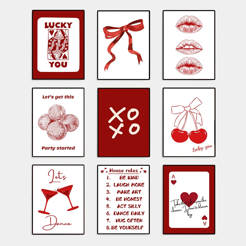 Aesthetic Red Lip & Cherry Bow Canvas Print – Modern Wall Art