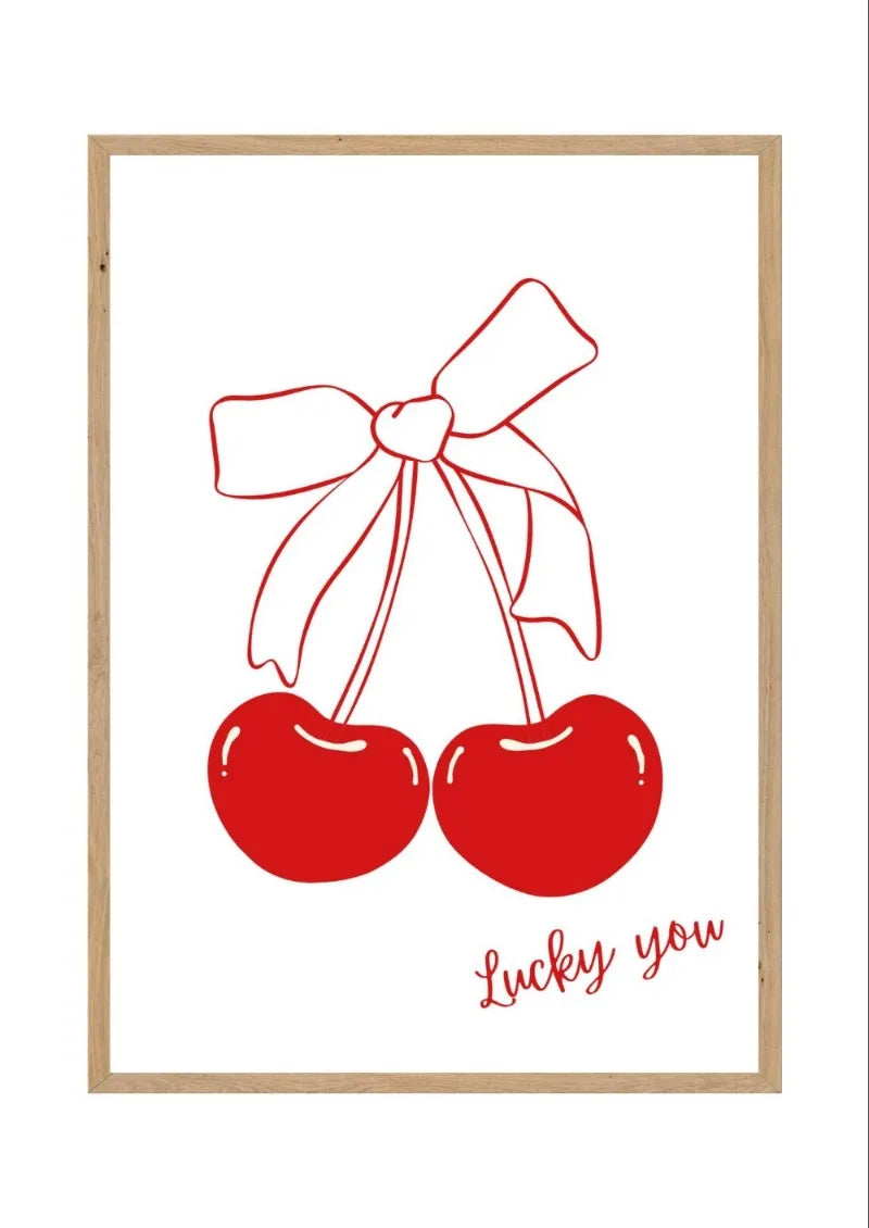 Aesthetic Red Lip & Cherry Bow Canvas Print – Modern Wall Art