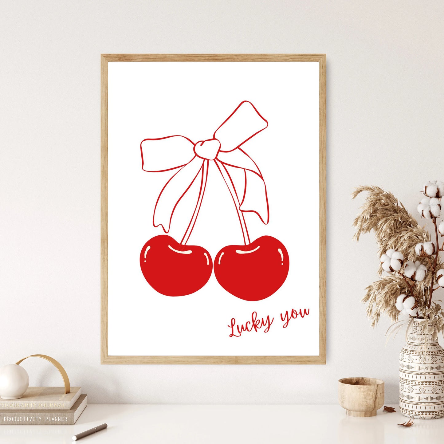 Aesthetic Red Lip & Cherry Bow Canvas Print – Modern Wall Art